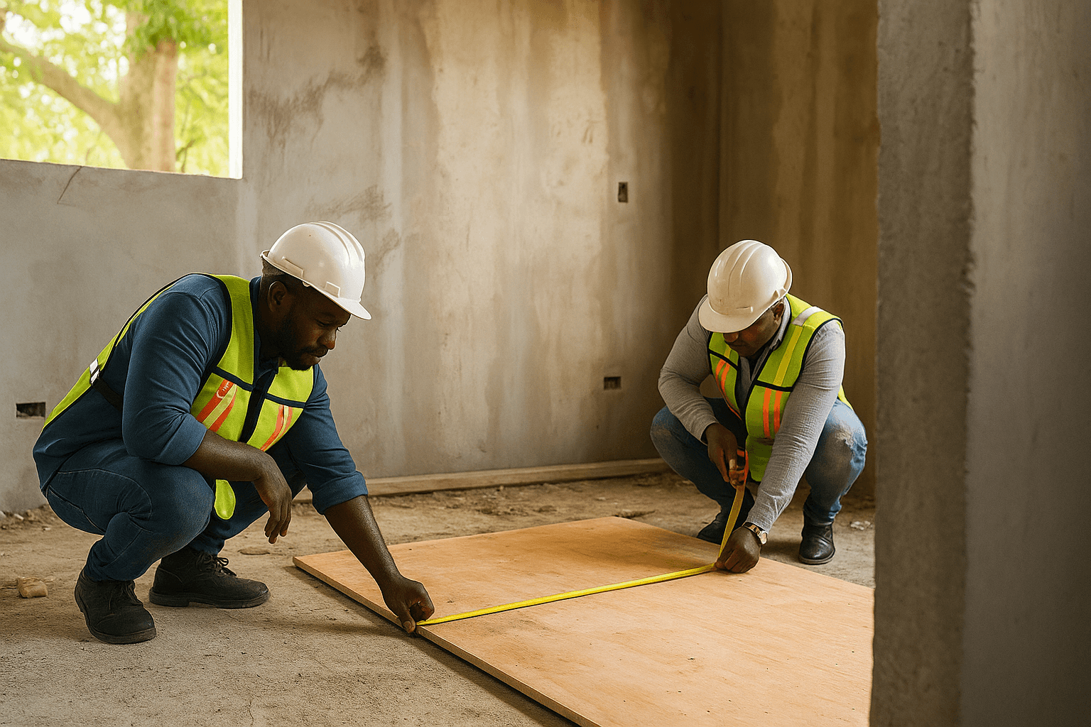 Deux ouvriers du bâtiment portant des casques de chantier et des gilets de sécurité mesurent une planche de bois à l'aide d'un mètre ruban dans une pièce en cours de construction. L'ambiance est concentrée et professionnelle.