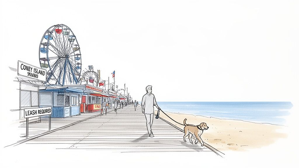 A person walks a leashed dog on a boardwalk next to a beach, with an amusement park in the background.