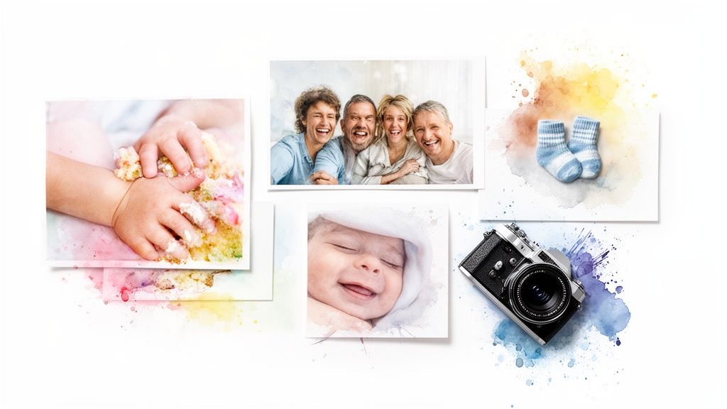 A collage of watercolor-splashed photos featuring a baby, family, socks, and vintage camera.