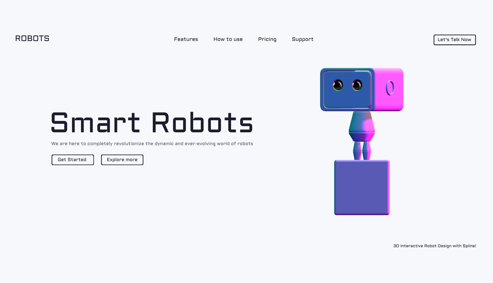  Dark-themed website hero section titled “Smart Robots” featuring an interactive 3D robot that follows cursor movement, showcasing a real-time WebGL/Spline 3D web experience.