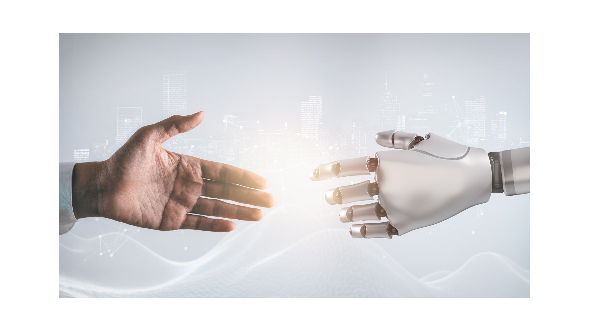 Menschliche Hand trifft auf Roboterhand – Symbol für Zusammenarbeit zwischen Mensch und KI in Google Ads.