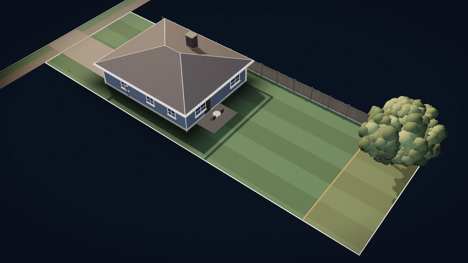 Example lot seen from behind: lot lines, the street beyond, and a house with a 20-foot rear yard marked