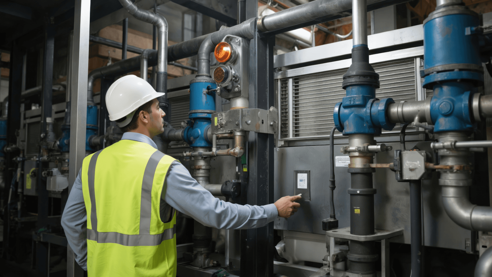 Facilities engineer inspecting an industrial HVAC system inside a plant room, checking controls, pumps and mechanical equipment.