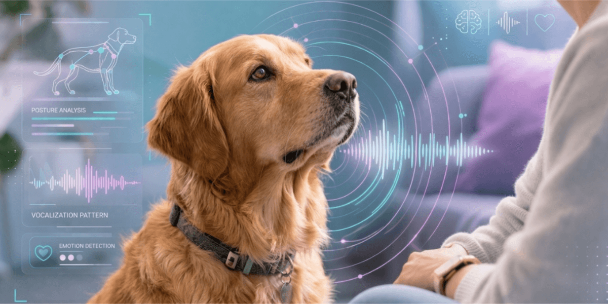 A golden retriever sits attentively, facing a person. Digital overlays display data on posture, vocalization, and emotion, conveying a high-tech analysis theme.