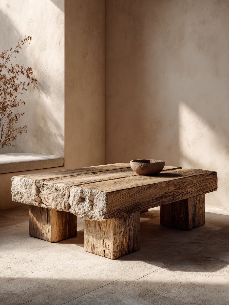 A monolithic coffee table crafted from reclaimed wooden beams.