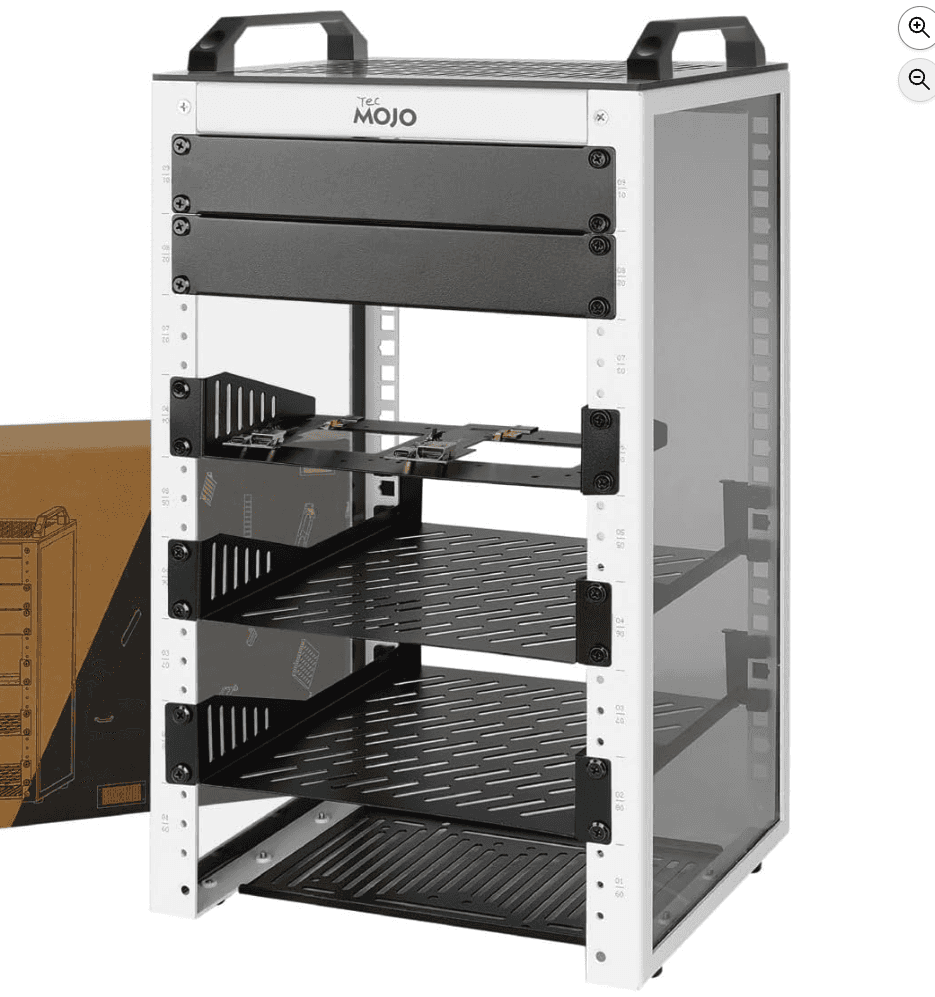 White TecMojo 10-inch equipment rack with black shelves