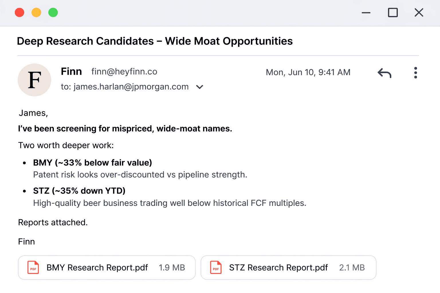 inn idea generation email recommending mispriced stocks with research reports attached