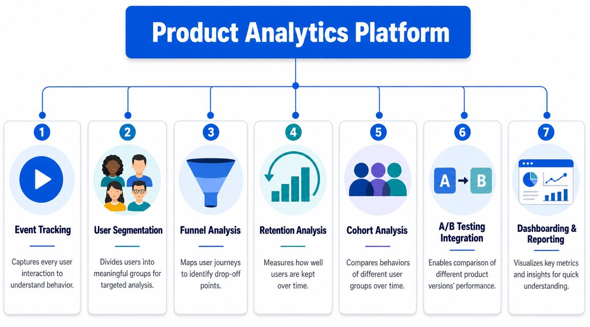 A diagram illustrating the seven essential features of a comprehensive product analytics platform for business data analysis.