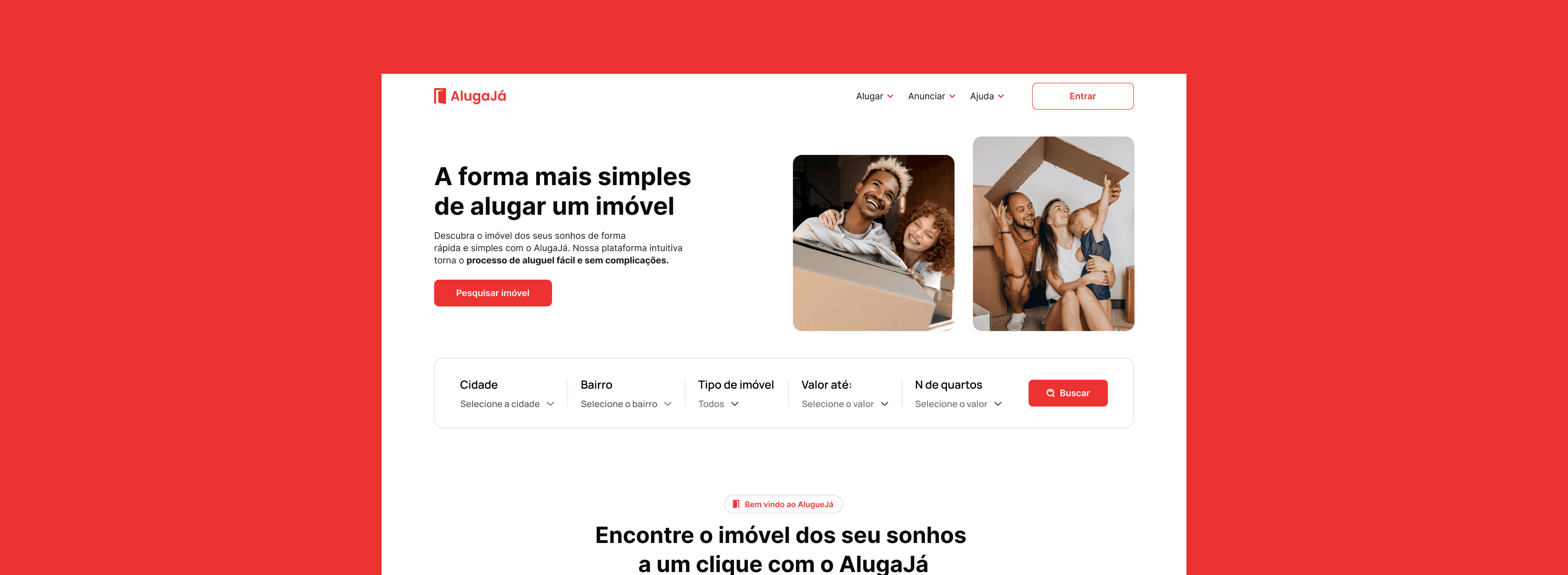 Layout de site de empresa de aluguel de imóveis, sobre o fundo vermelho.