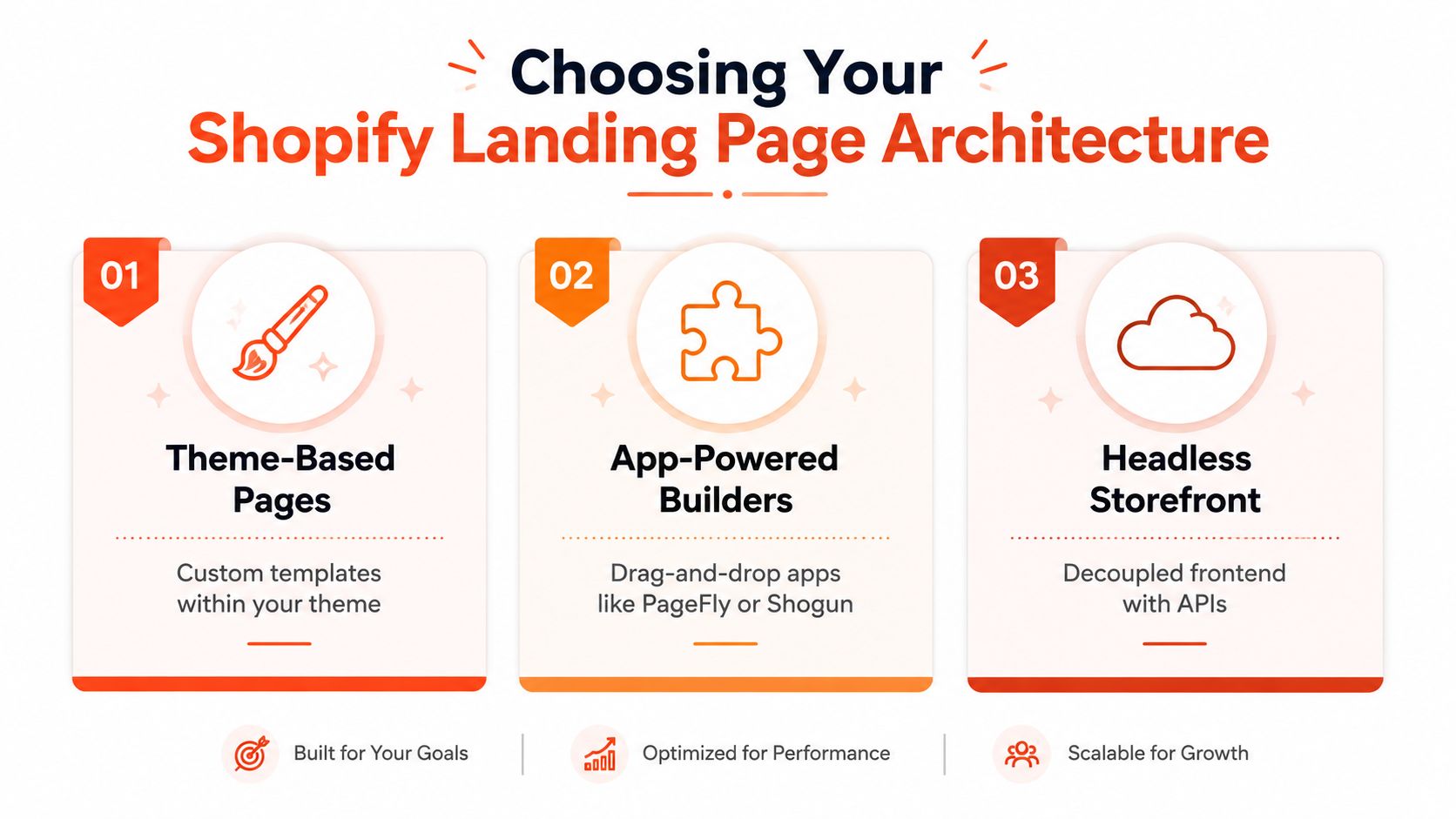 A visual guide illustrating three different architecture approaches for creating Shopify landing pages including themes, builders, and headless.