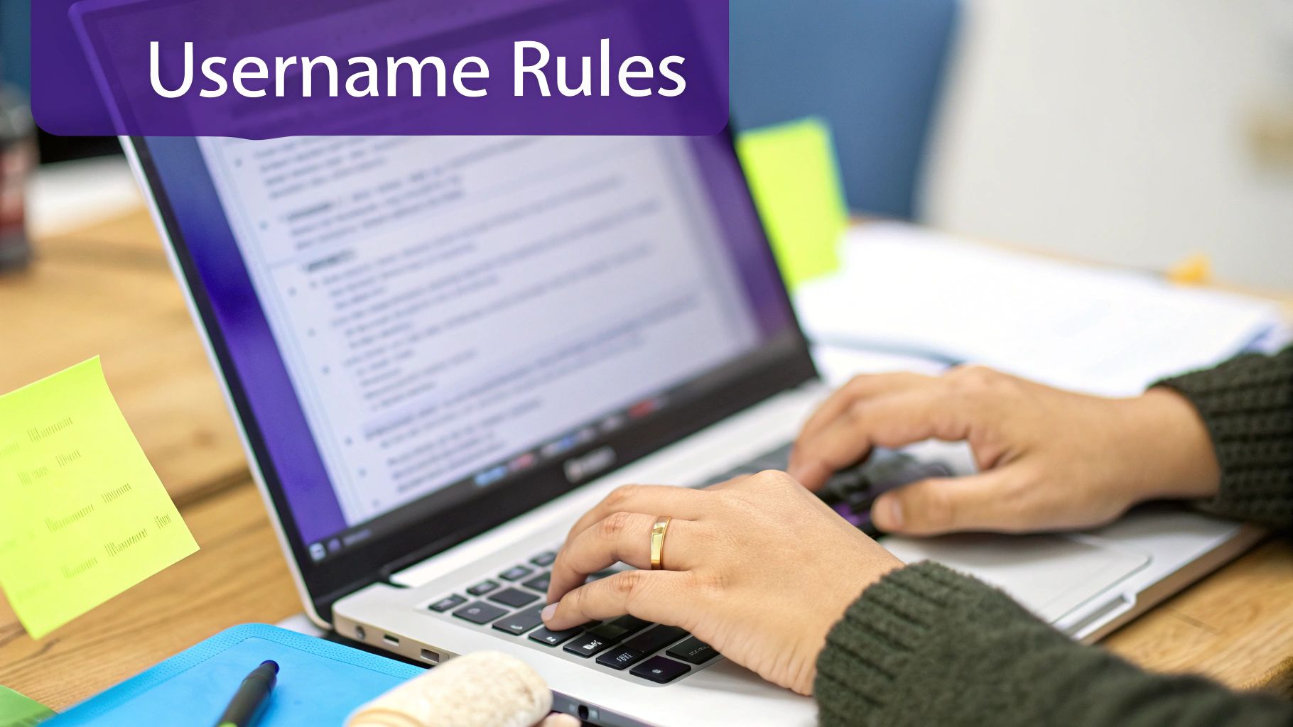 A person's hands typing on a laptop with 'Username Rules' text on a purple banner.