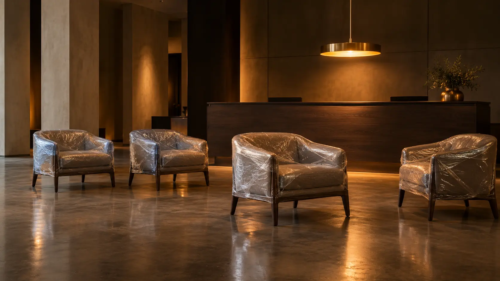 Hotel lobby at night before opening: lounge chairs wrapped in protective film in front of a lit reception desk