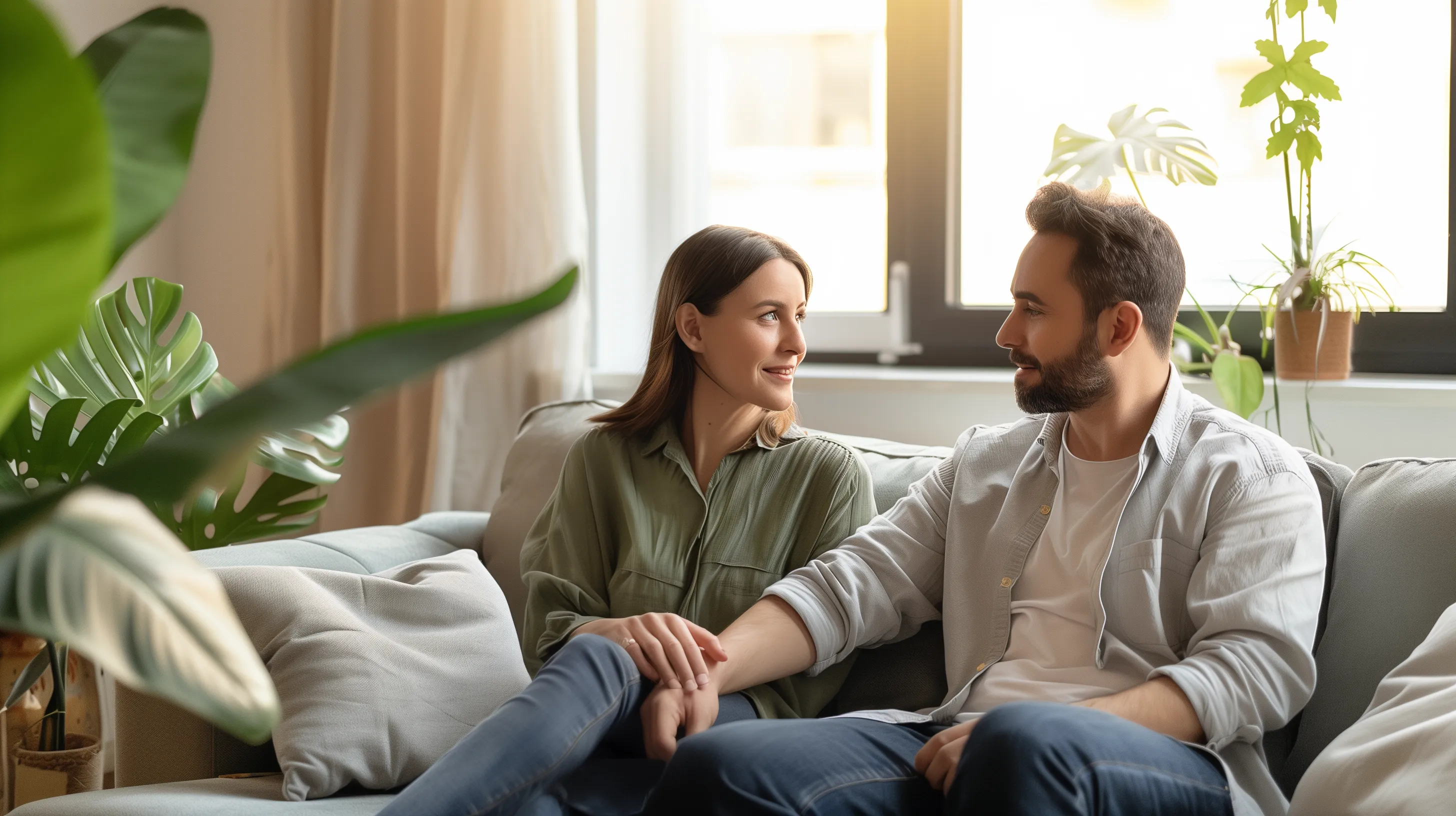 Couple sitting apart on couch, looking away, with soft light representing hope for reconnection