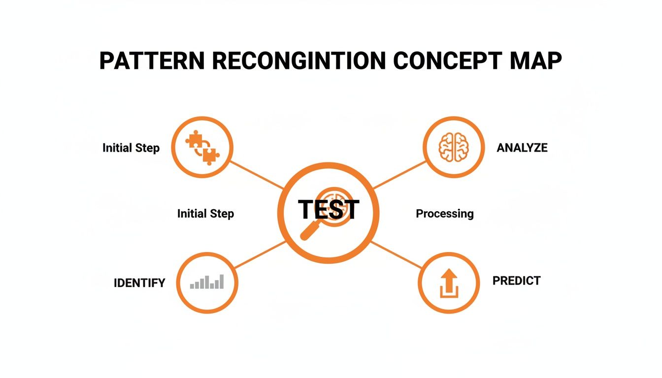 A pattern recognition concept map illustrating a central 'TEST' node connected to 'Initial Step', 'Analyze', 'Identify', and 'Predict' stages.