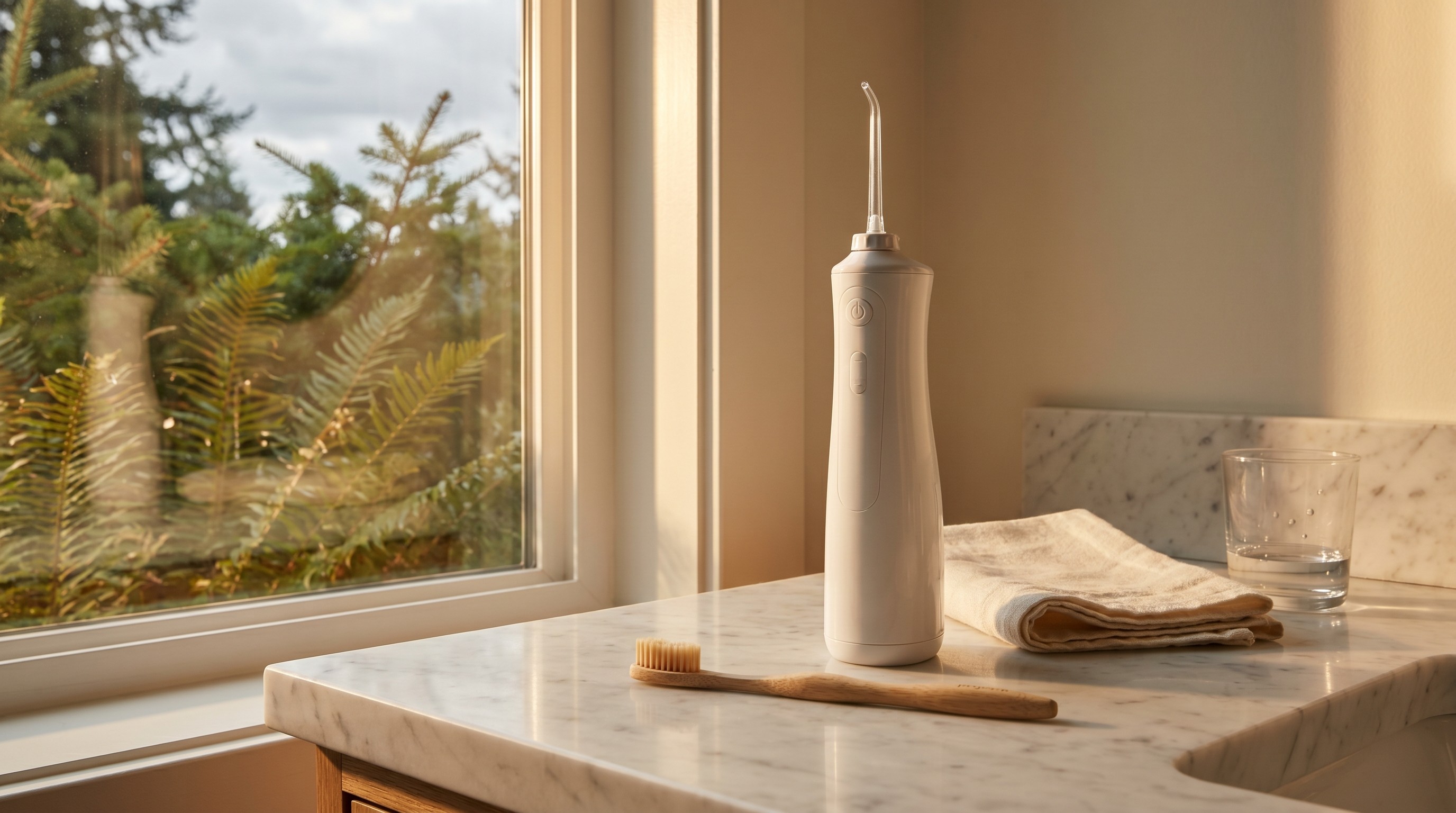 Water flosser and soft toothbrush on marble counter in warm morning light beside a glass of water