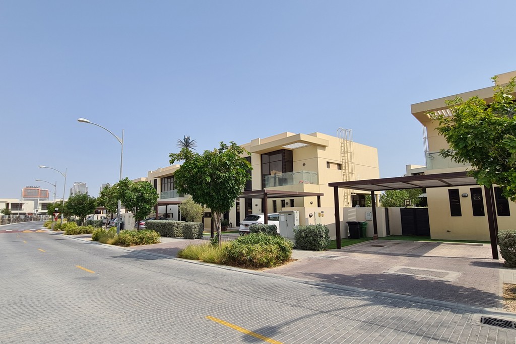 A peaceful street in Phoenix, DAMAC HILLS. adorned with houses and greenery from surrounding trees.