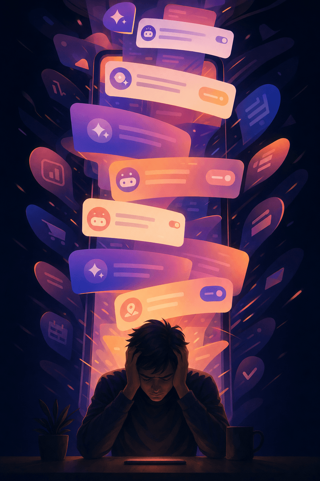 Supporting illustration — square format: when “helpful” AI becomes constant interruption.