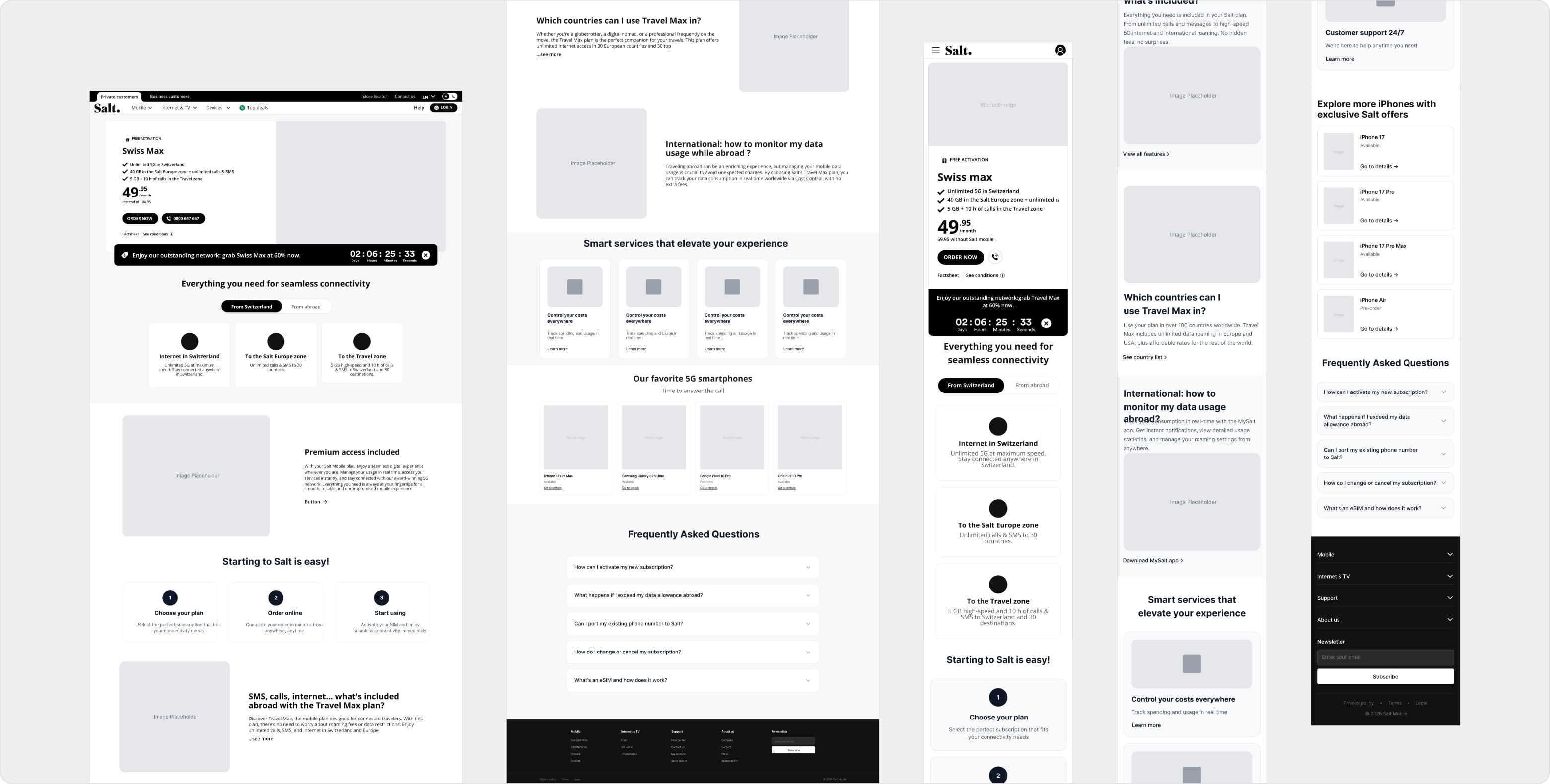 Responsive redesign of Salt Mobile plan page highlighting subscription details, value propositions, FAQs, and onboarding steps across desktop and mobile.