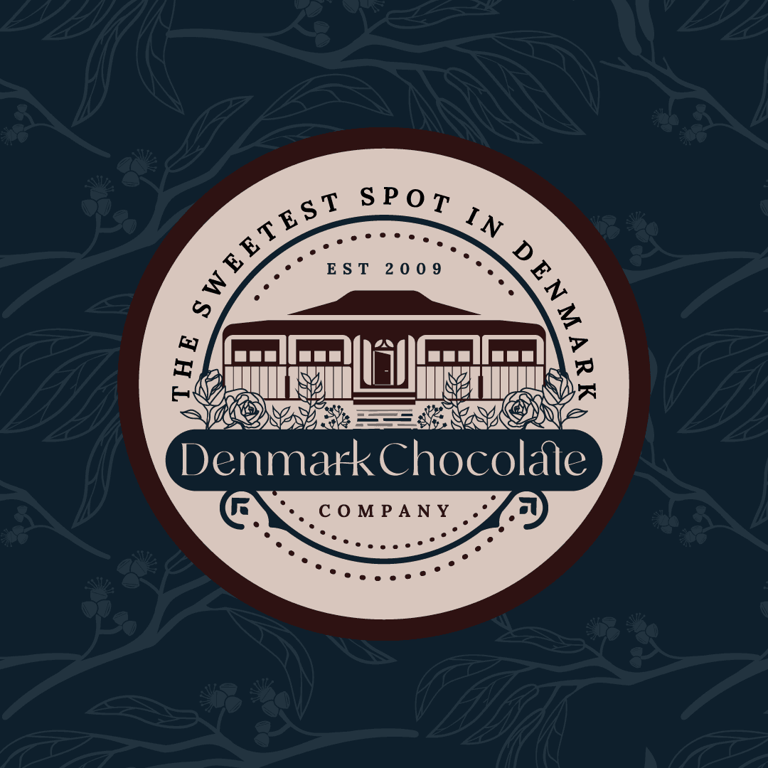 Premium brand identity for The Denmark Chocolate Company featuring nature-inspired logo and packaging