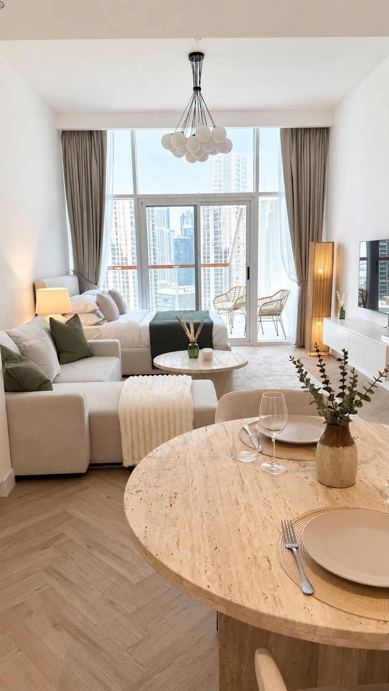 Living and dining area with herringbone floor and marina view