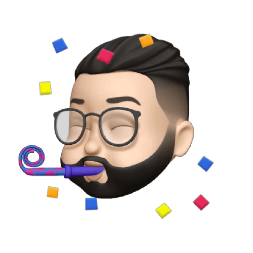 A cartoonish avatar of a man with glasses blowing a party horn, surrounded by colorful confetti.