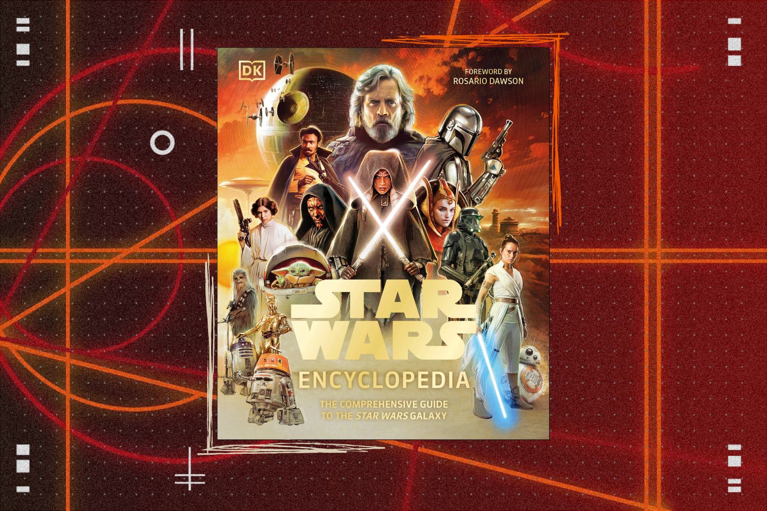 The cover to Star Wars Encyclopedia: The Comprehensive Guide to the Star Wars Galaxy featuring Luke Skywalker, The Mandalorian, Rey, BB-8, and more on a red geometric background