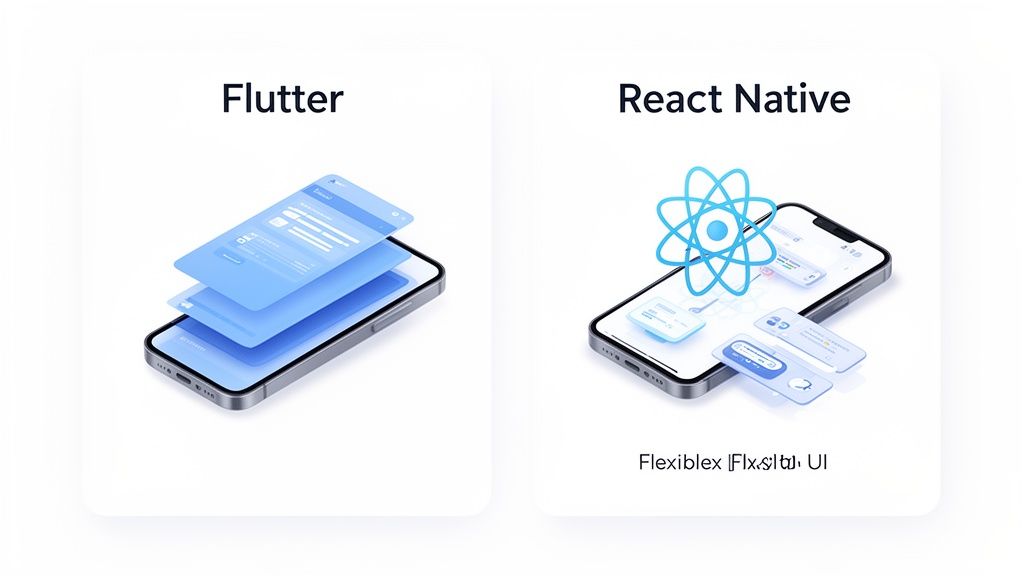 Comparison of Flutter and React Native mobile app development frameworks, showcasing UI elements.