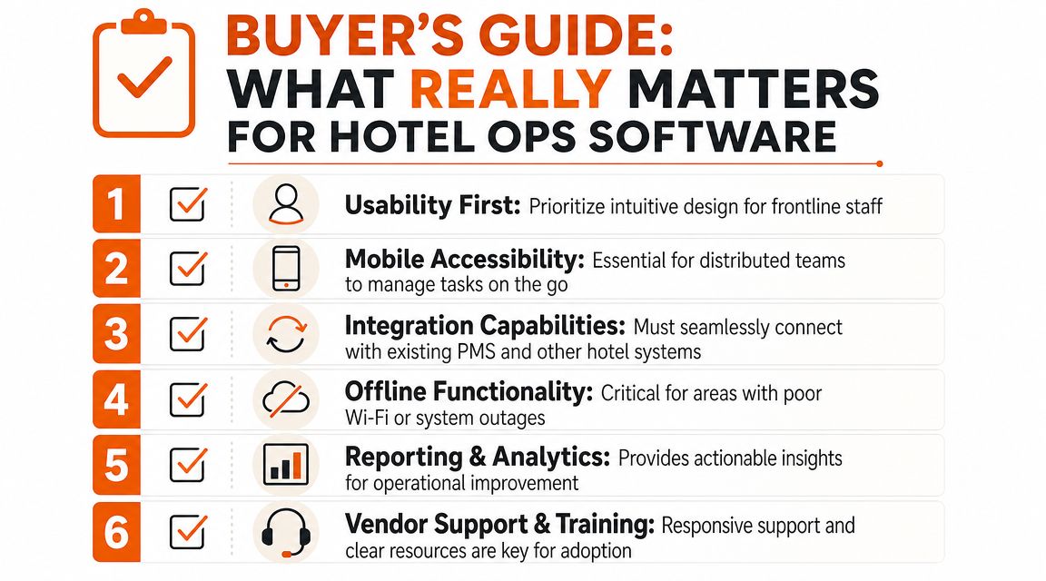 A buyer's guide infographic illustrating six essential features to consider when selecting hotel operations software.