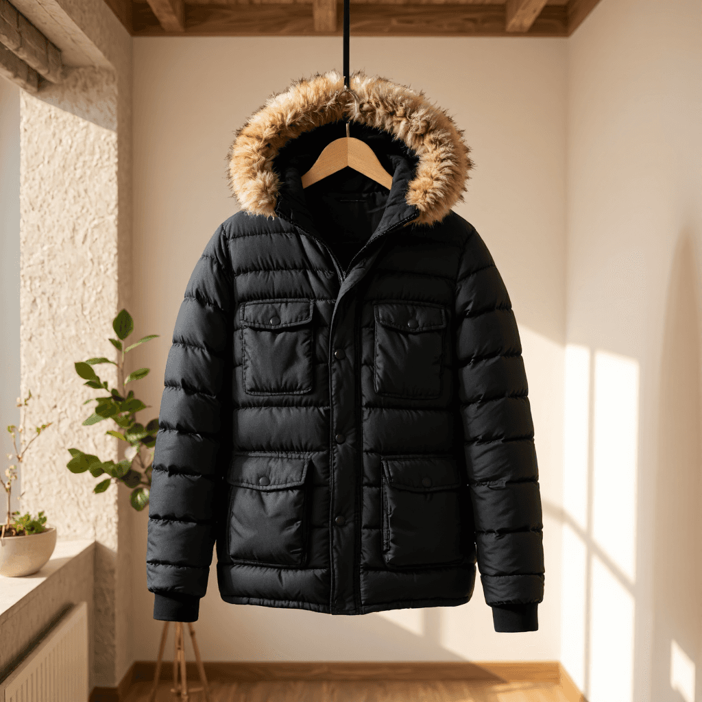 product photography of a black puffer jacket with a fur-lined hood