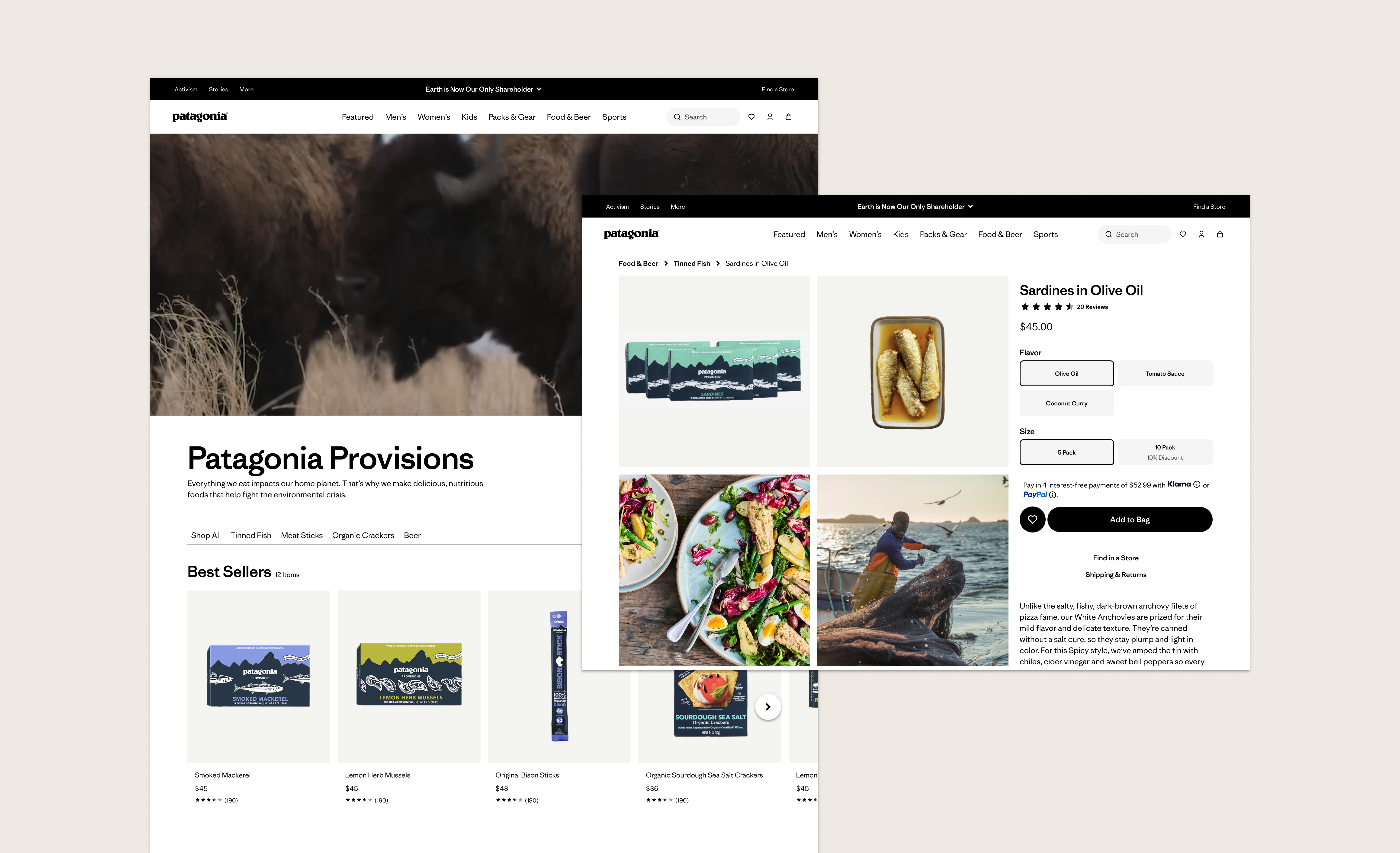 Patagonia Provisions landing page integrated into Patagonia.com, showcasing food products within the core shopping experience.