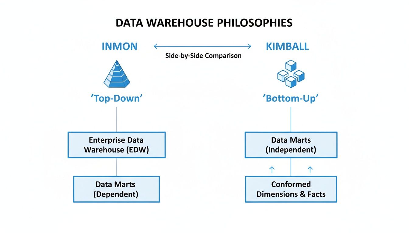 A side-by-side comparison of Inmon and Kimball data warehouse philosophies and architectures.