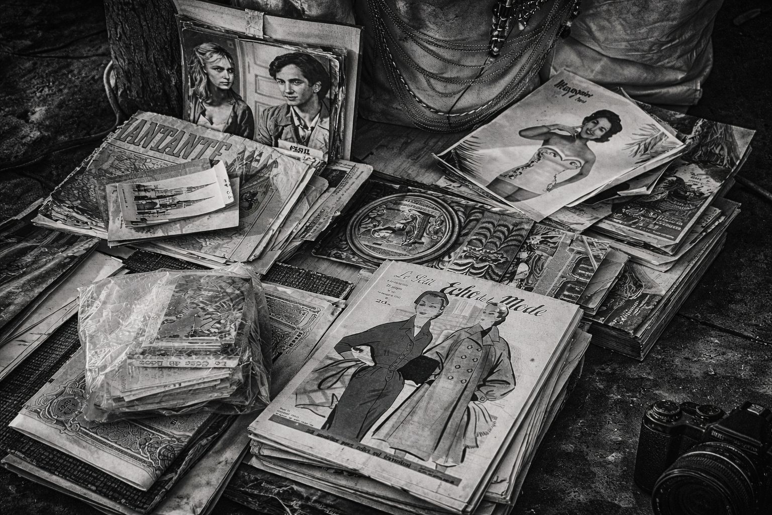 Vintage magazines and photos, black and white.