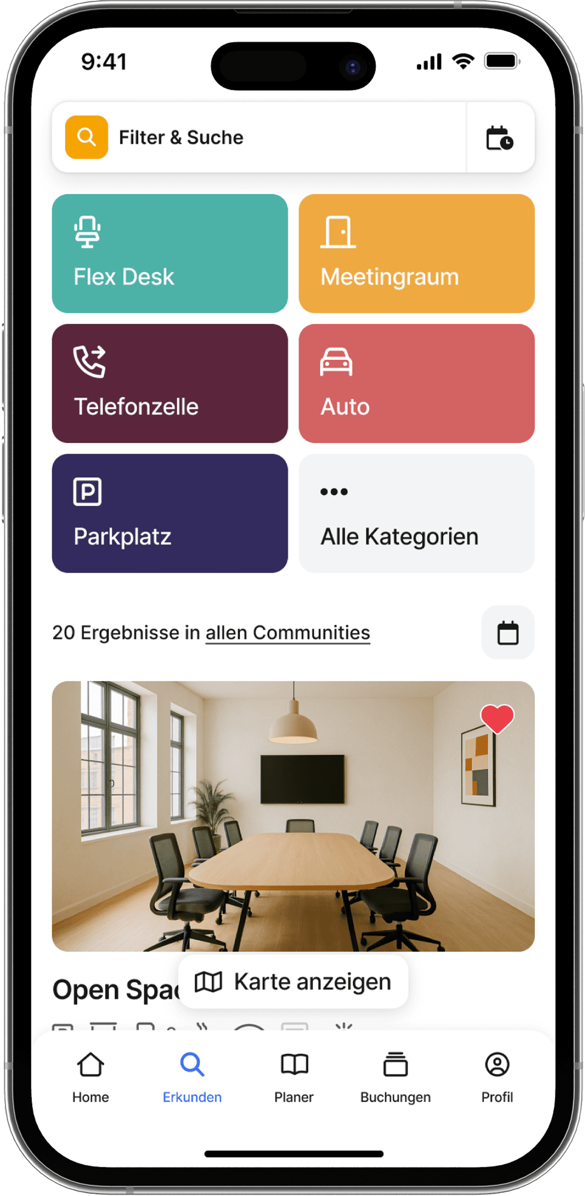 Die Erkunden-Seite im Buchungssystem anny zeigt die buchbaren Räume und Arbeitsplätze eines Coworking Spaces.