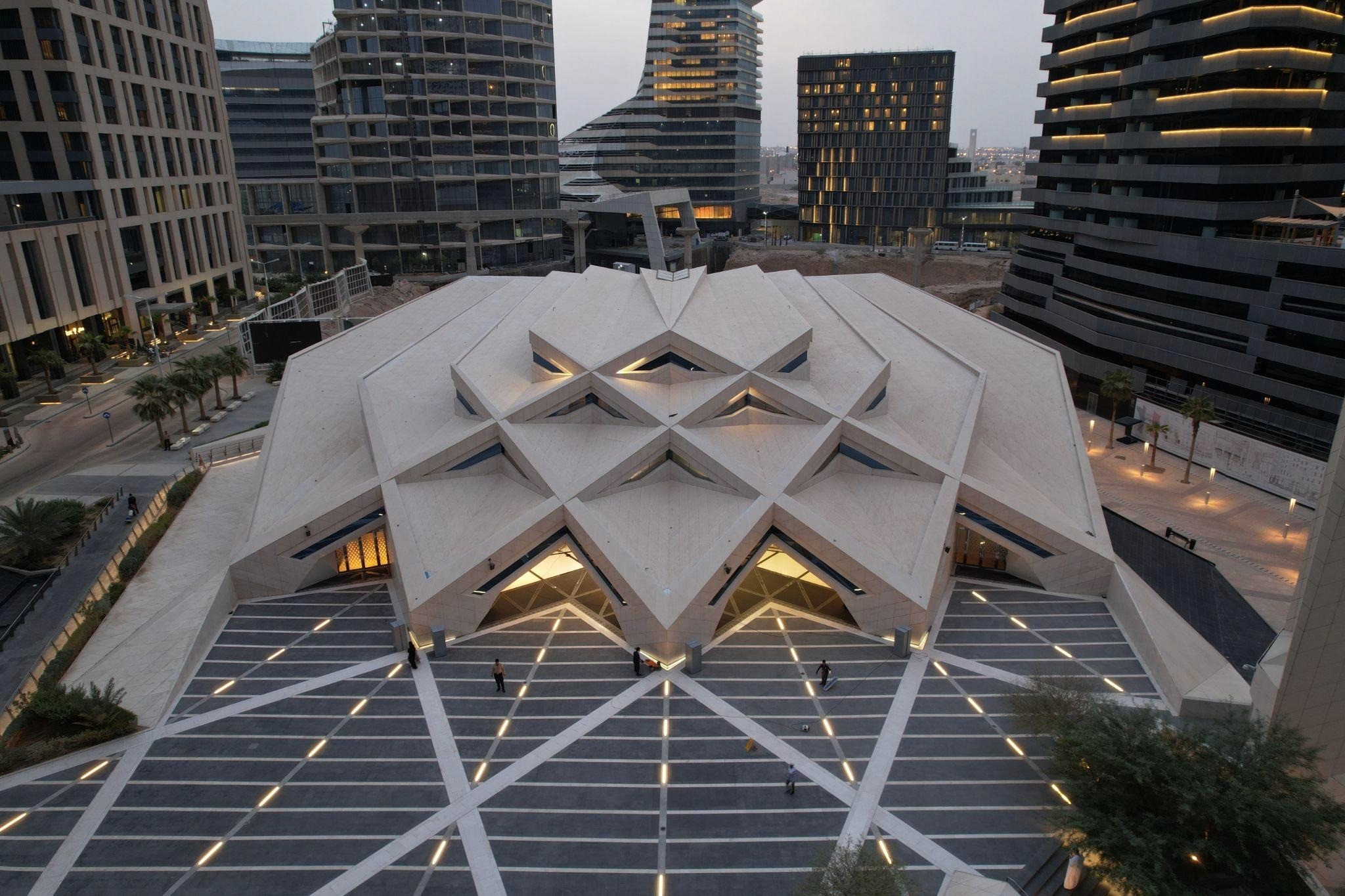 The KAFD Grand Mosque, featuring a unique geometric design and modern Islamic architecture, stands as an iconic landmark within King Abdullah Financial District in Riyadh.