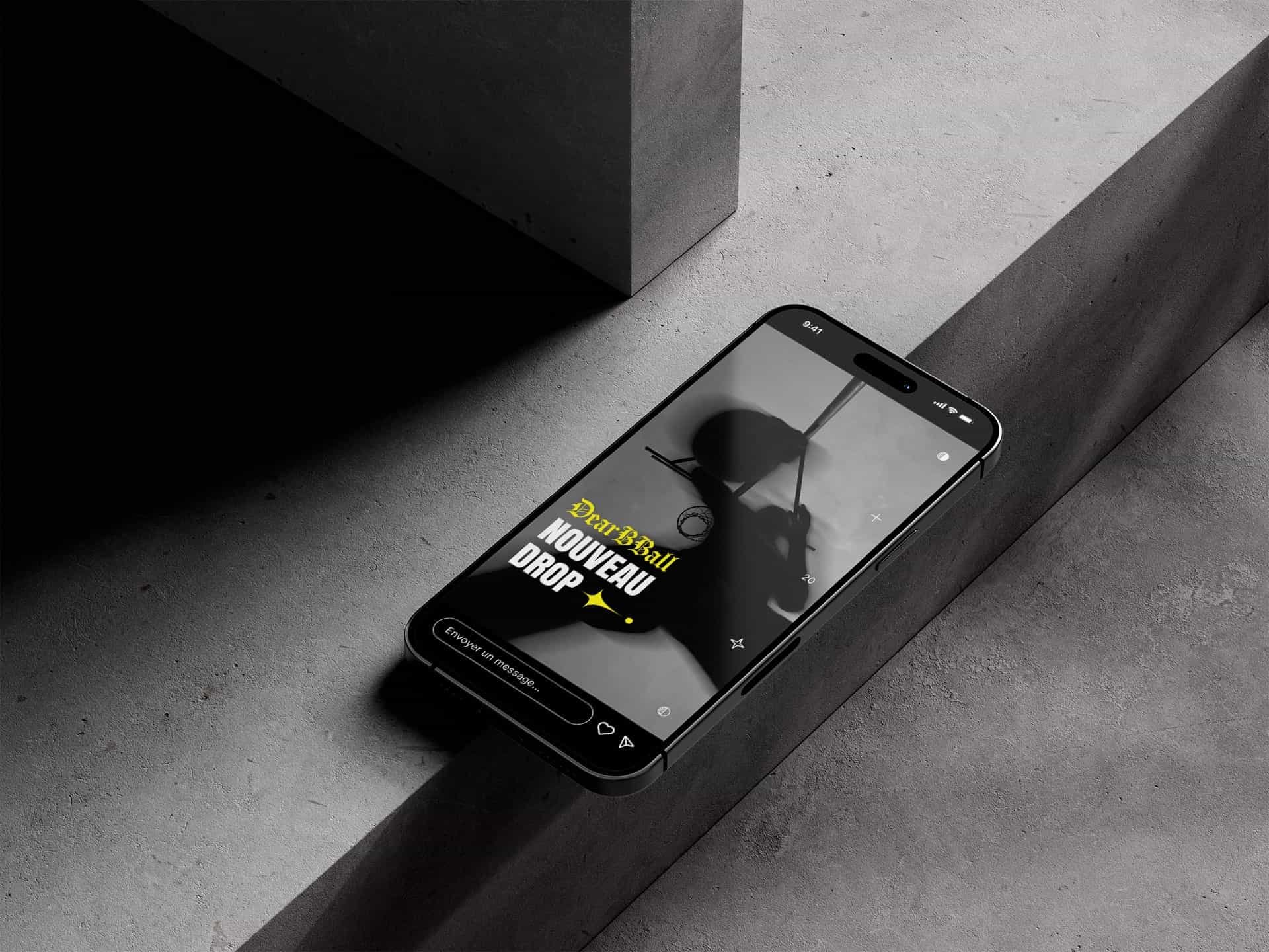 Mockup d'une story instagram, "DearBBall, nouveau drop"