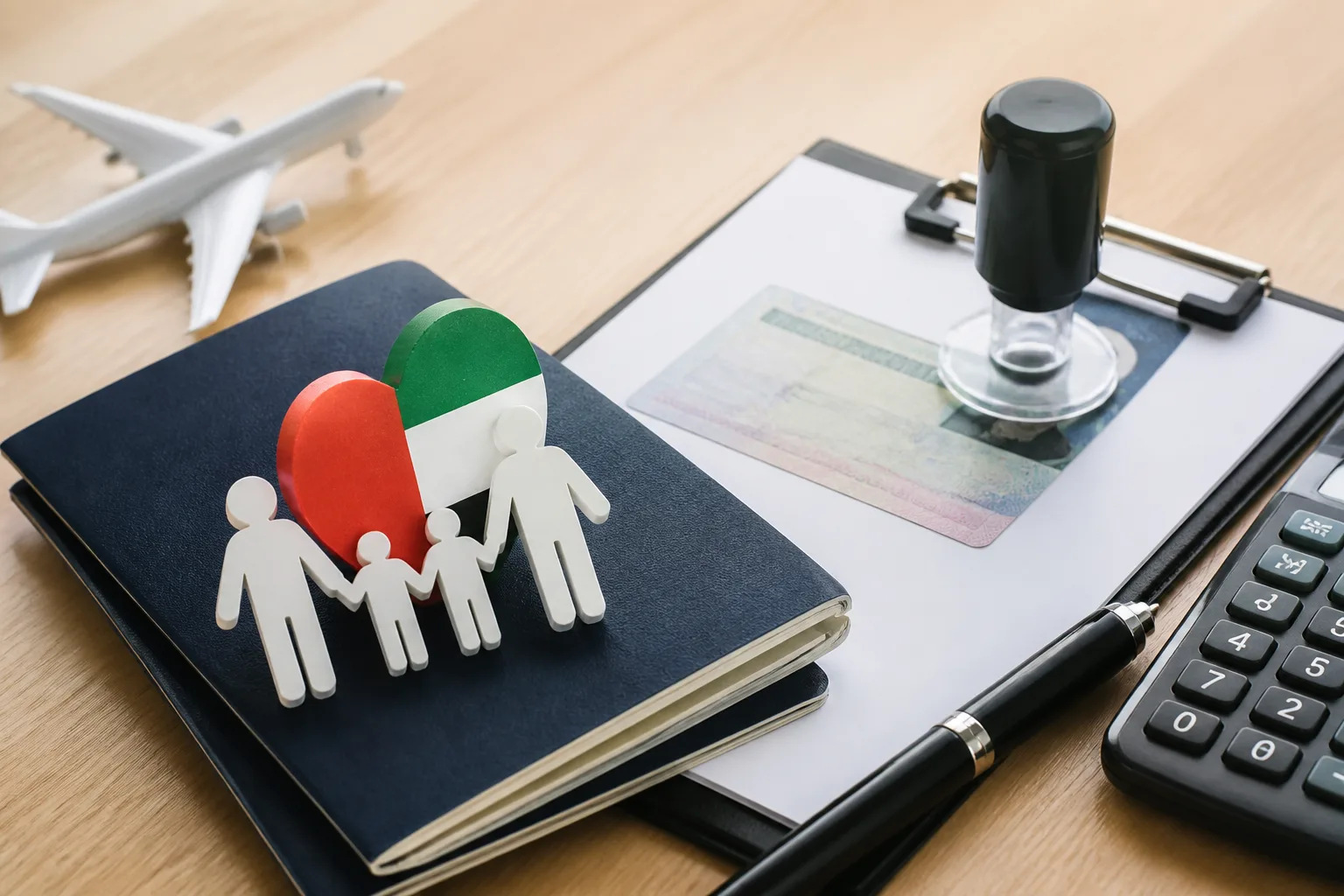 Spouse Visa in the UAE beside a passport, residence permit card and application calendar