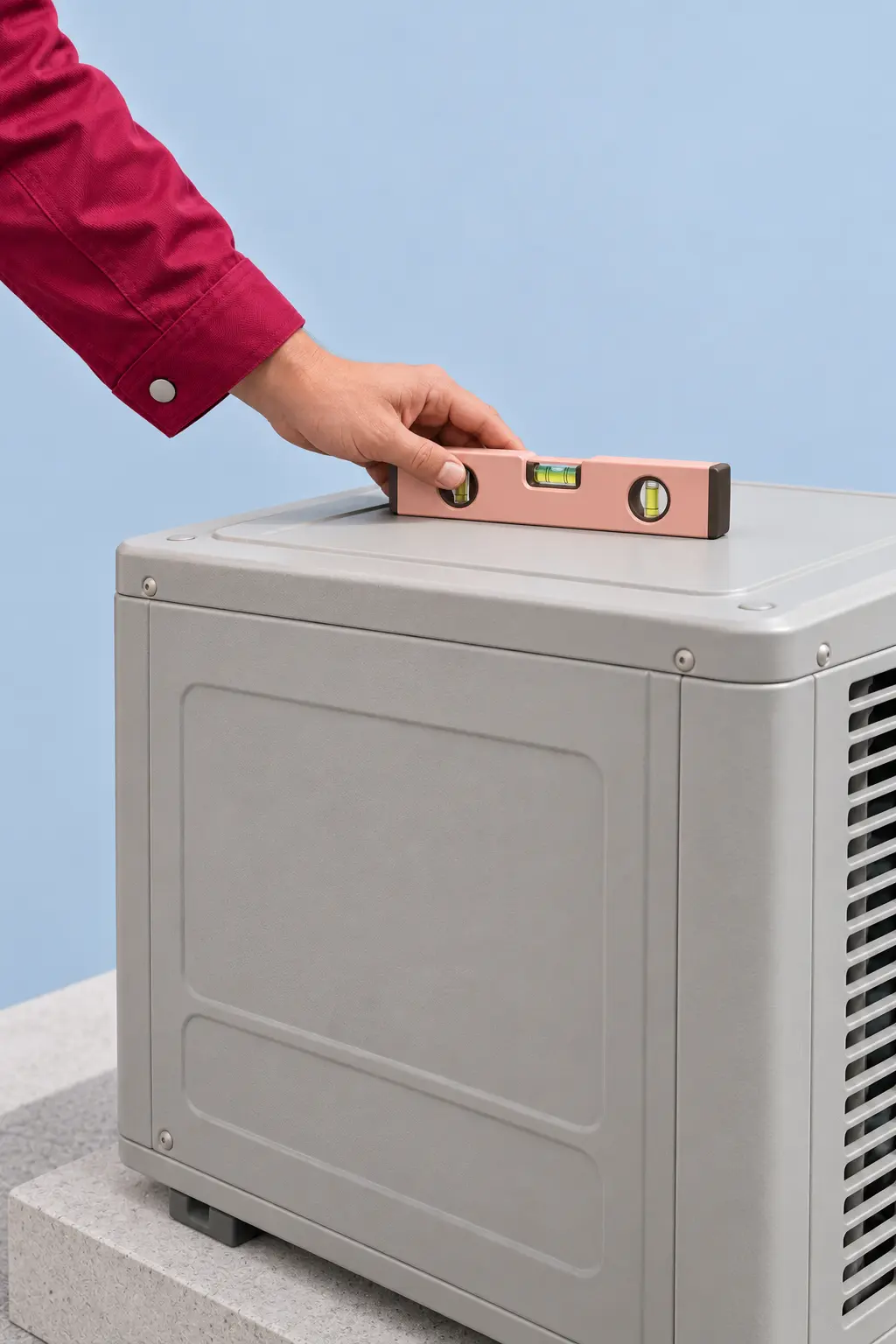 Technician checking a new outdoor unit with a spirit level