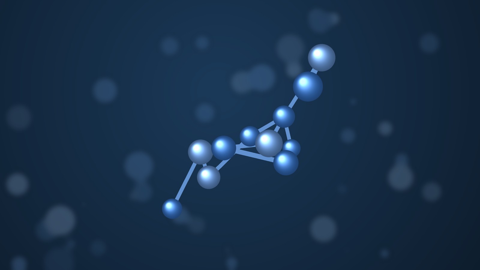 Abstract ball-and-stick molecular model in blue tones