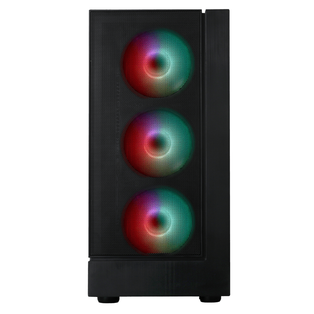 Front view of a gaming PC tower featuring three RGB LED fans with vibrant red, green, and blue lighting. This high-performance case is designed for optimal cooling and customization, ideal for top gaming PC builds of 2023. Perfect for enthusiasts seeking the best gaming PC online, offering advanced configurations for gaming and high-end computing.