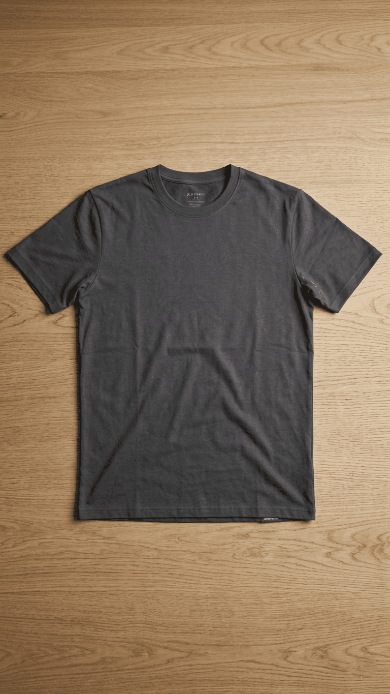 Dark gray t-shirt on wooden surface.