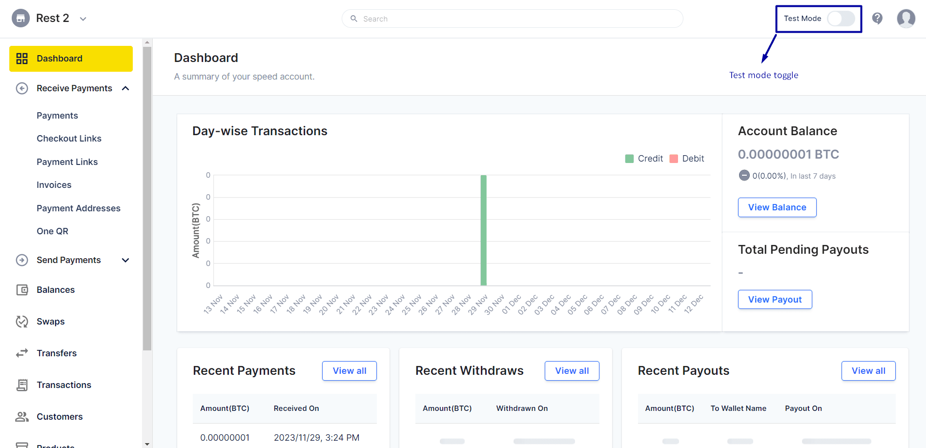 Speed’s dashboard and enable test mode via the toggle