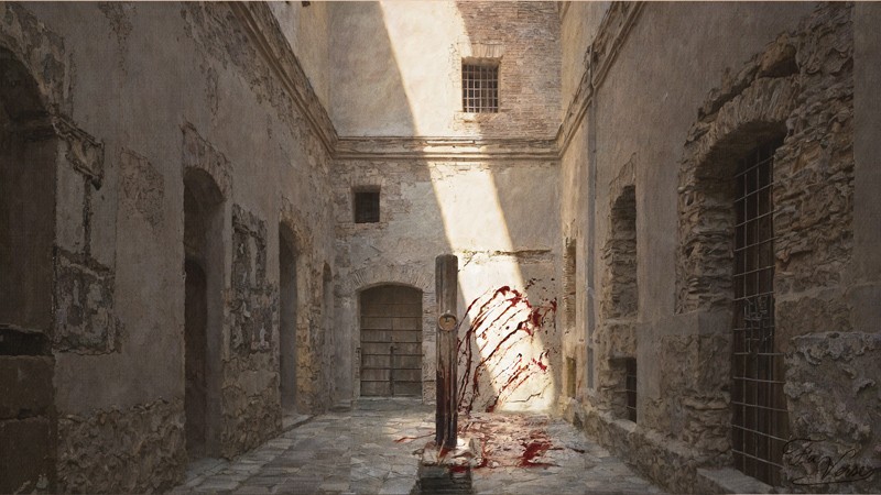 Sacred artwork by Faith and Verse. © Faith and Verse, 2026. All rights reserved. Bloodstained scourging post in Roman prison courtyard, evidence of preliminary torture before execution.