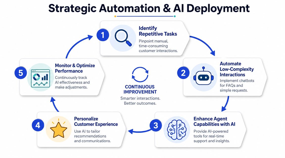 A five-step strategic diagram showing the process of implementing automation and AI for business improvement.