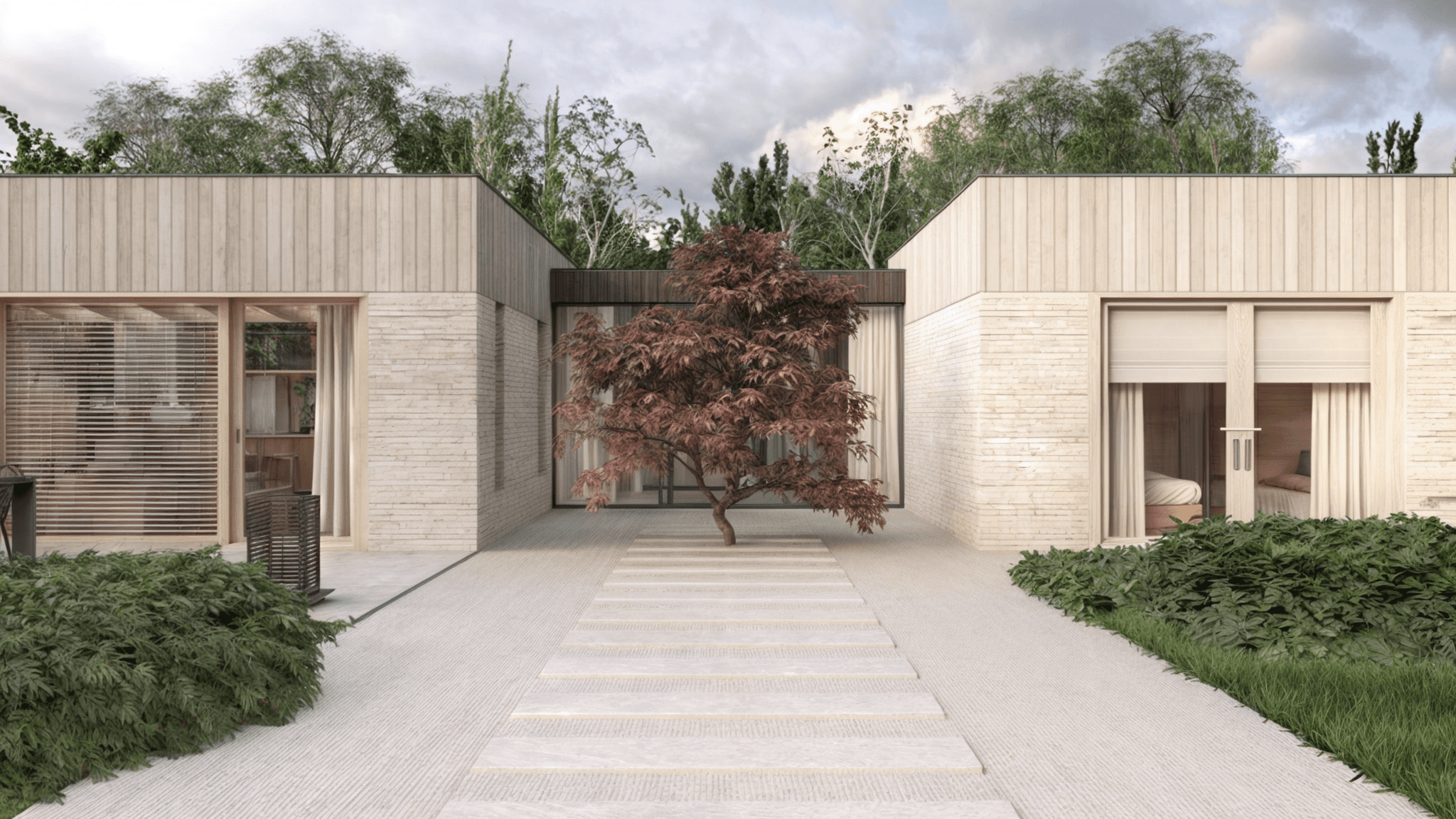 Bungalow met lichte gevel en pergola, grenzend aan terras en tuin