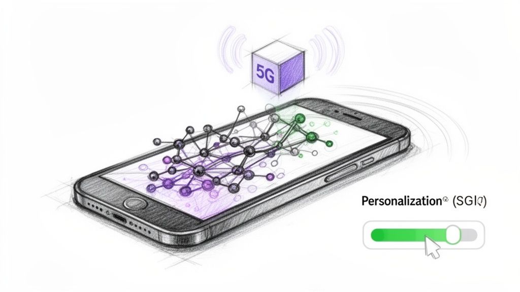 Illustration of a smartphone showing 5G connectivity, data networks, and a personalization control slider.