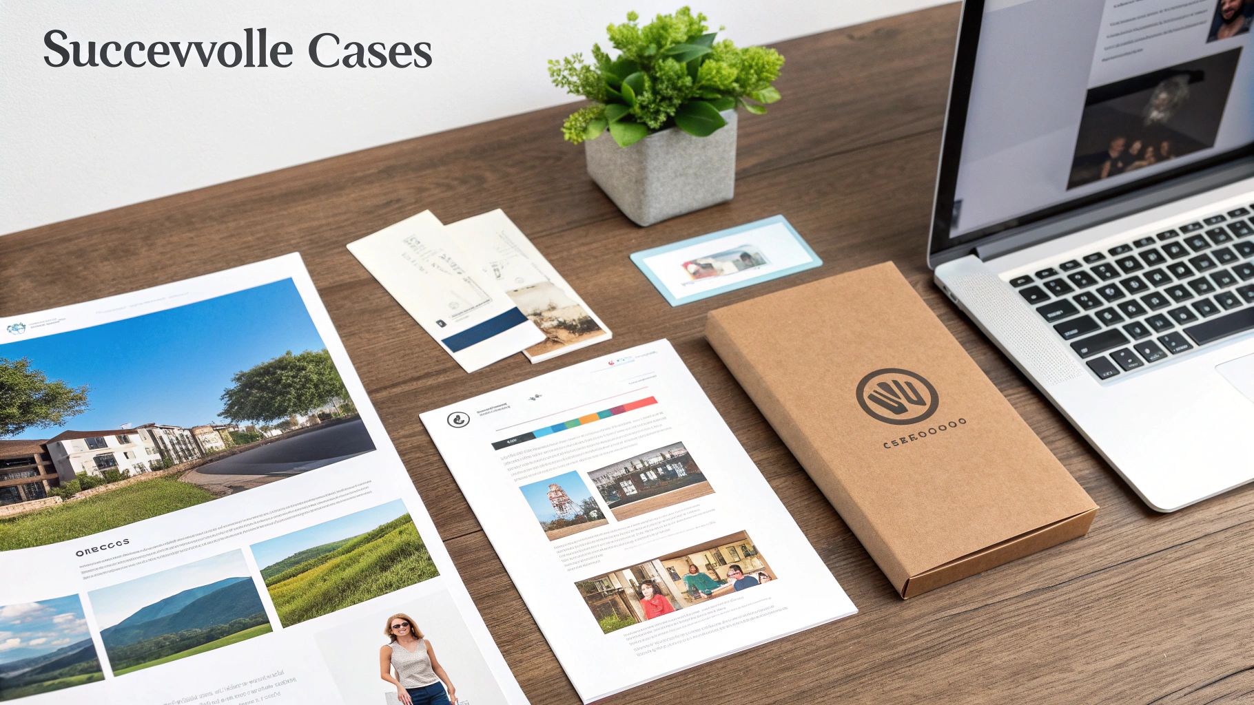 Een houten bureau met een laptop, marketingdocumenten, een plantje en een bruine doos, waarop 'Succevvvolle Cases' staat.