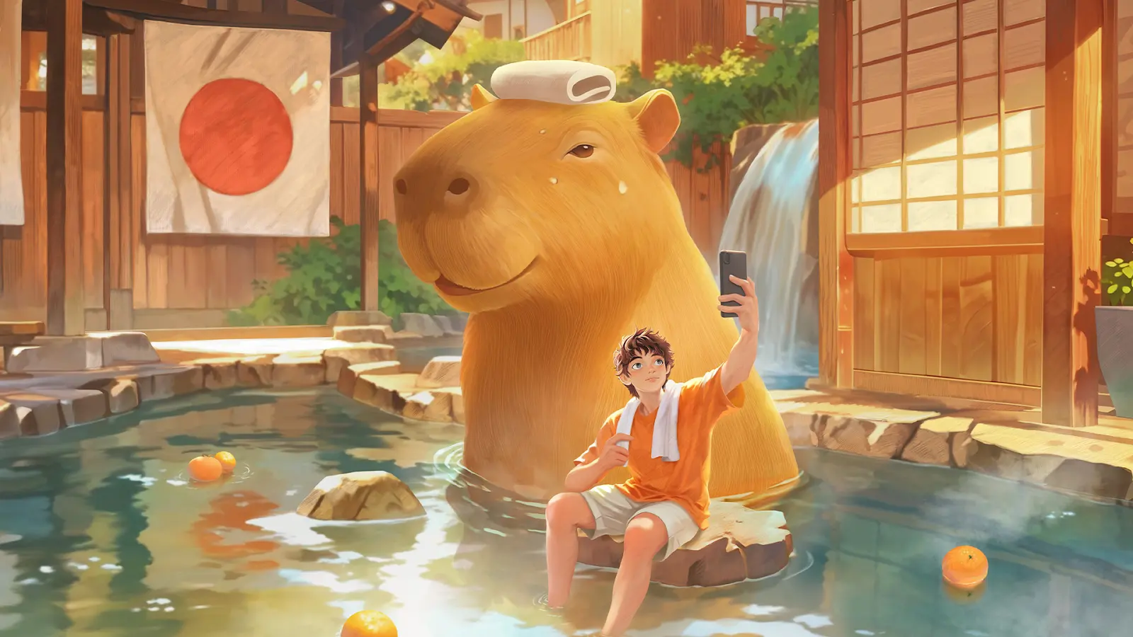 Selfie Boy meeting a giant capybara at an outdoor bathhouse