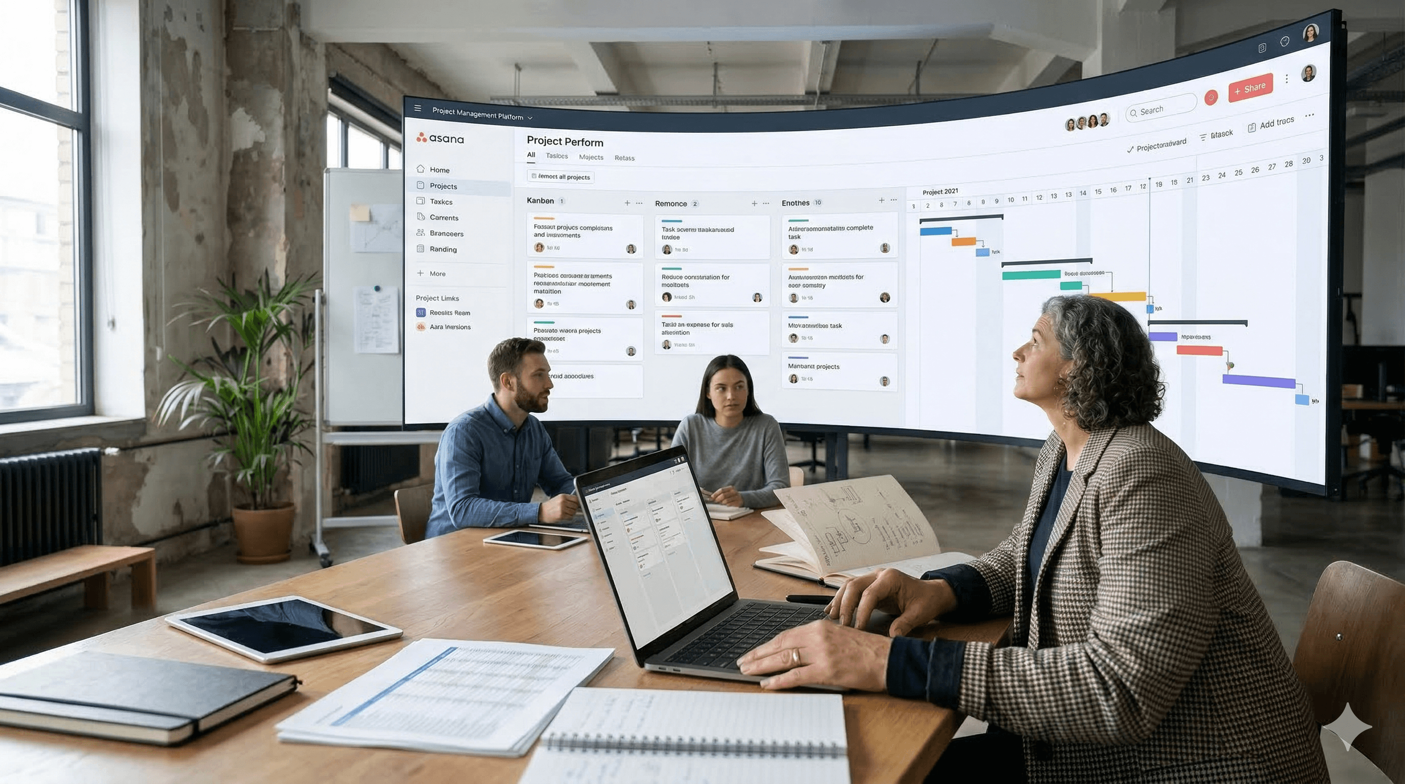 A team collaborates in a modern workspace, with a large digital screen displaying a project management dashboard in Asana, highlighting the concept of using AI teammates in project planning and leadership strategies.