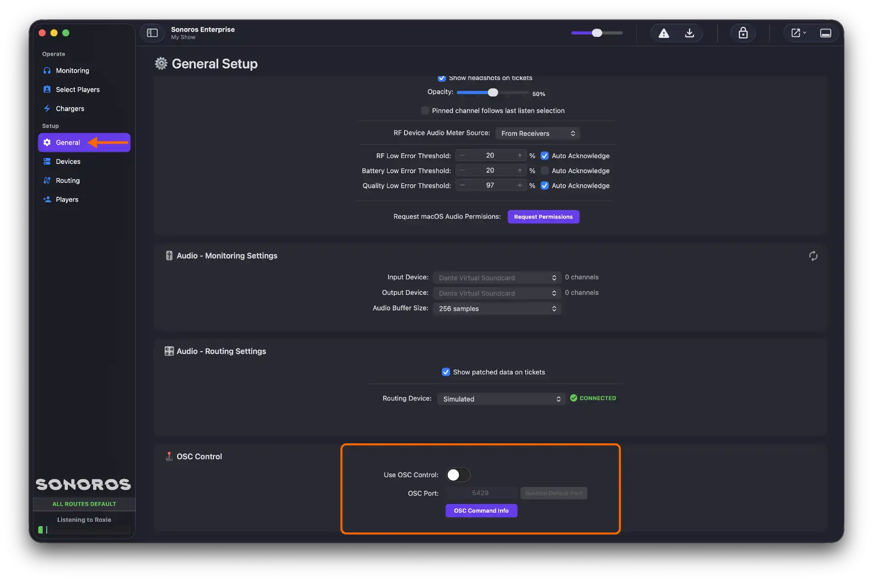 Toggle OSC control on and set port from general setup
