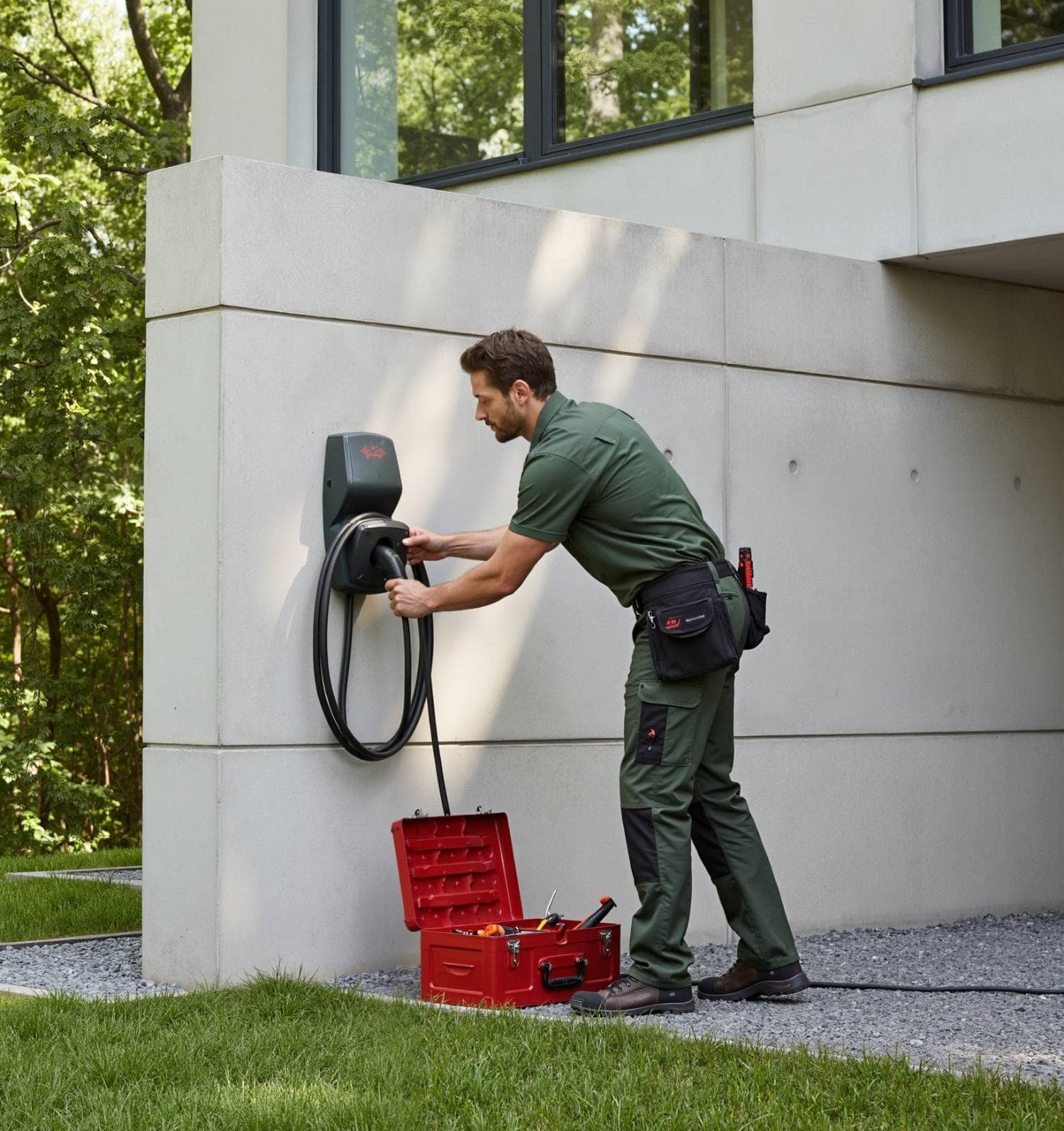 Électricien travaillant sur une réparation de borne de recharge avec son coffre à outils